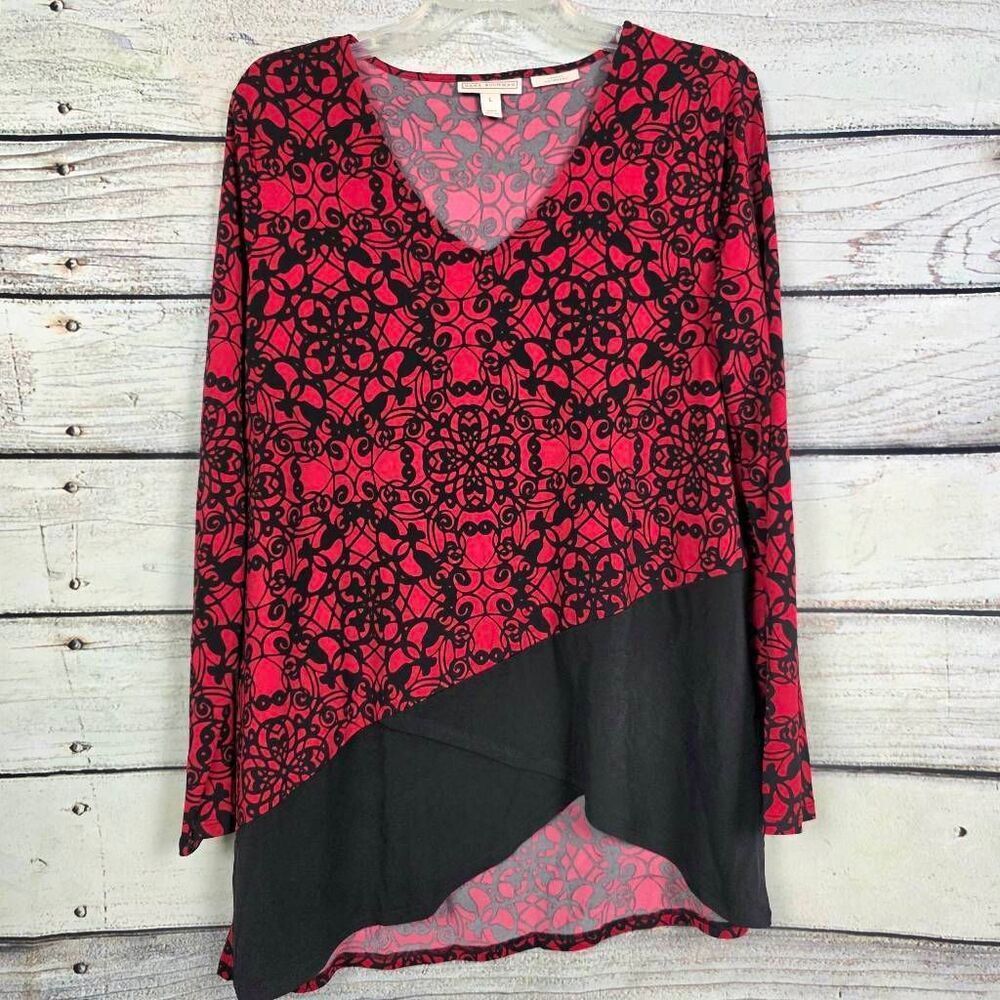Dana Buchman Red Black Floral Asymmetrical Long Sleeve Top L